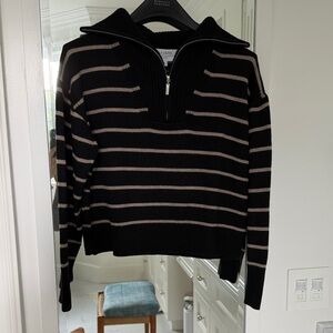 La Ligne Black and Tan Knit Half Zip Wool Striped Sweater